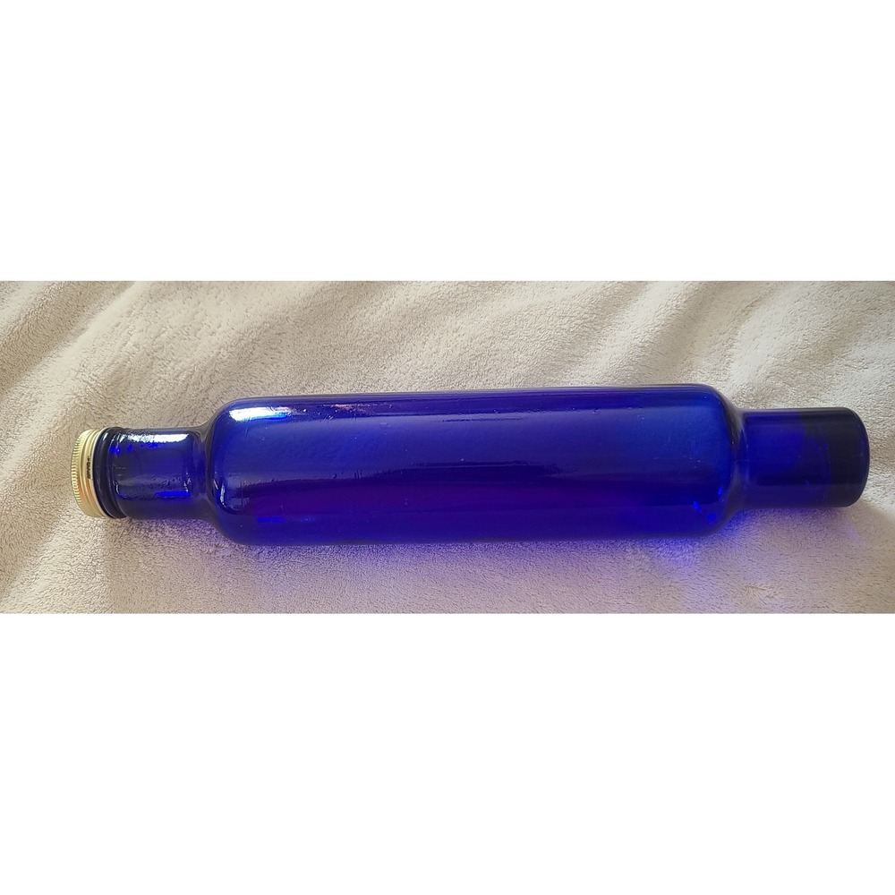 Vintage Cobalt Blue Glass Rolling Pin with Gold Metal Cap 14.5 Inch Decorative